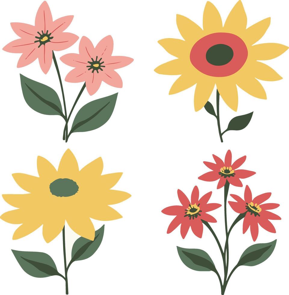 Four different flowers in different colors vector