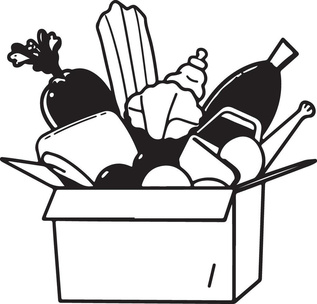 A black and white illustration of a box filled with food vector