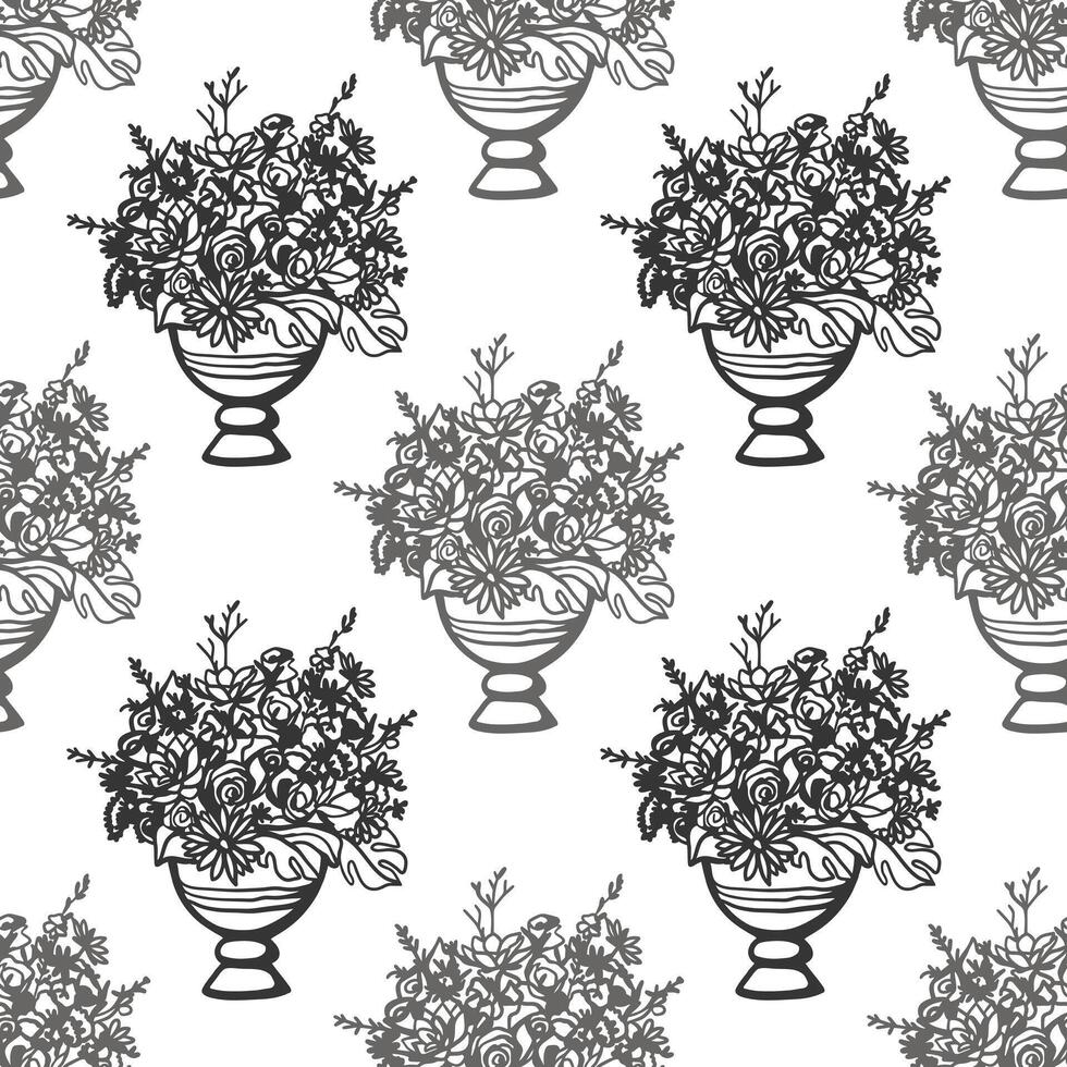Seamless pattern with garden vases and flower bouquet. Monochrome floral design for fabric, textile, wrapping paper vector