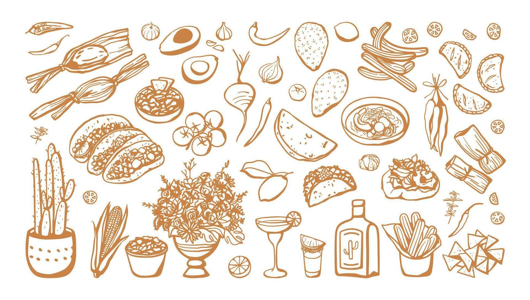Hand drawn set of different Mexican dishes and products. Sketch drawings of Mexican cuisine vector