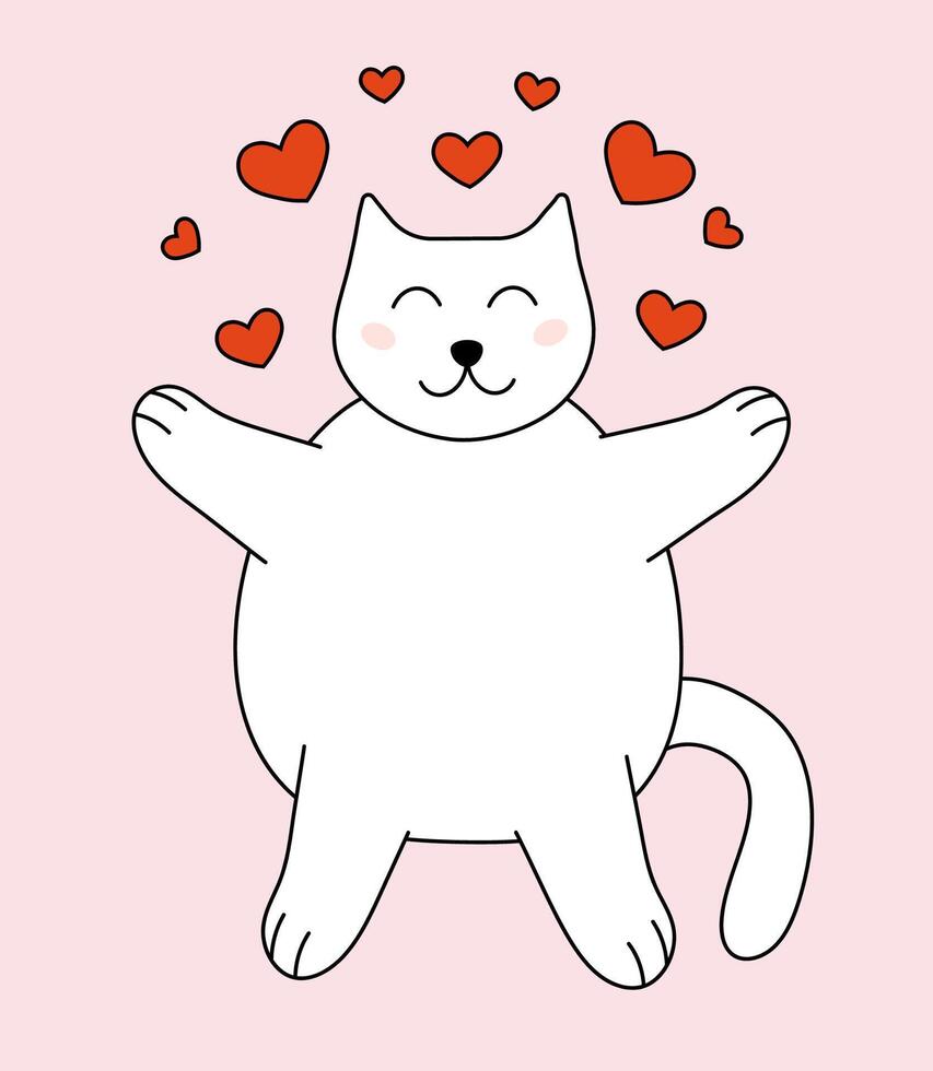 Valentine day Cat character with hearts. flat illustration. vector