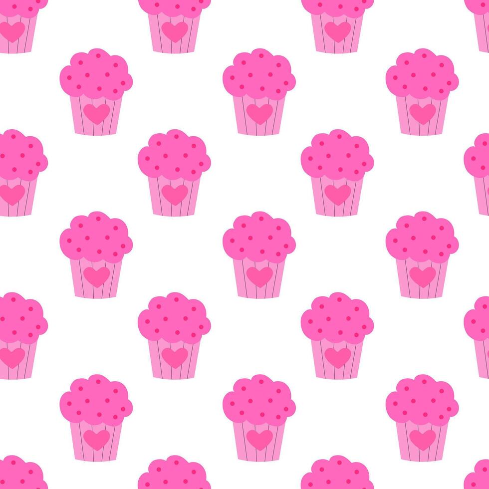 Seamless pattern with Pink Valentine Day Cupcake with heart. vector