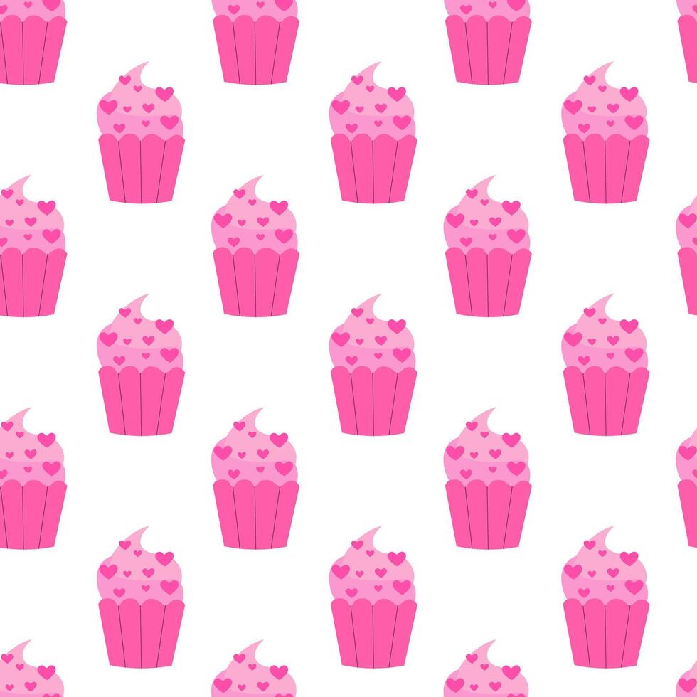 Seamless pattern with Pink Valentine Day Cupcake with heart. flat illustration. vector