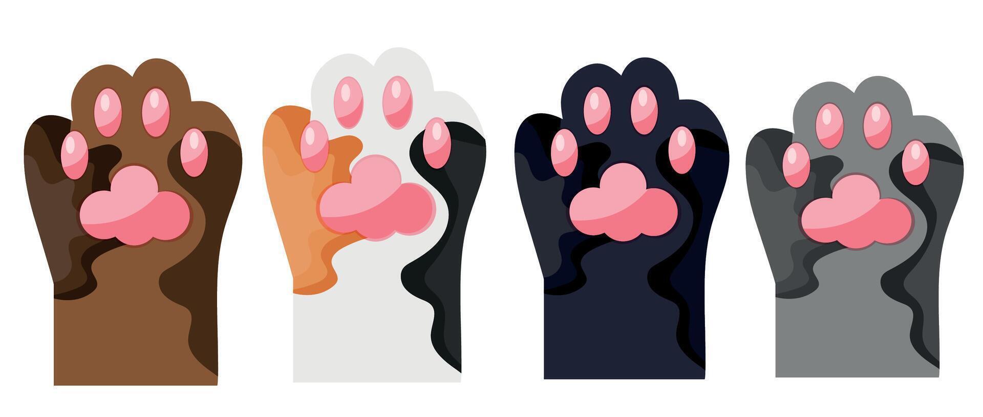 icons with cat paws, namely with the paws of a gray, black, spotted and brown cat, for cat day, for various designs, posters or banners vector