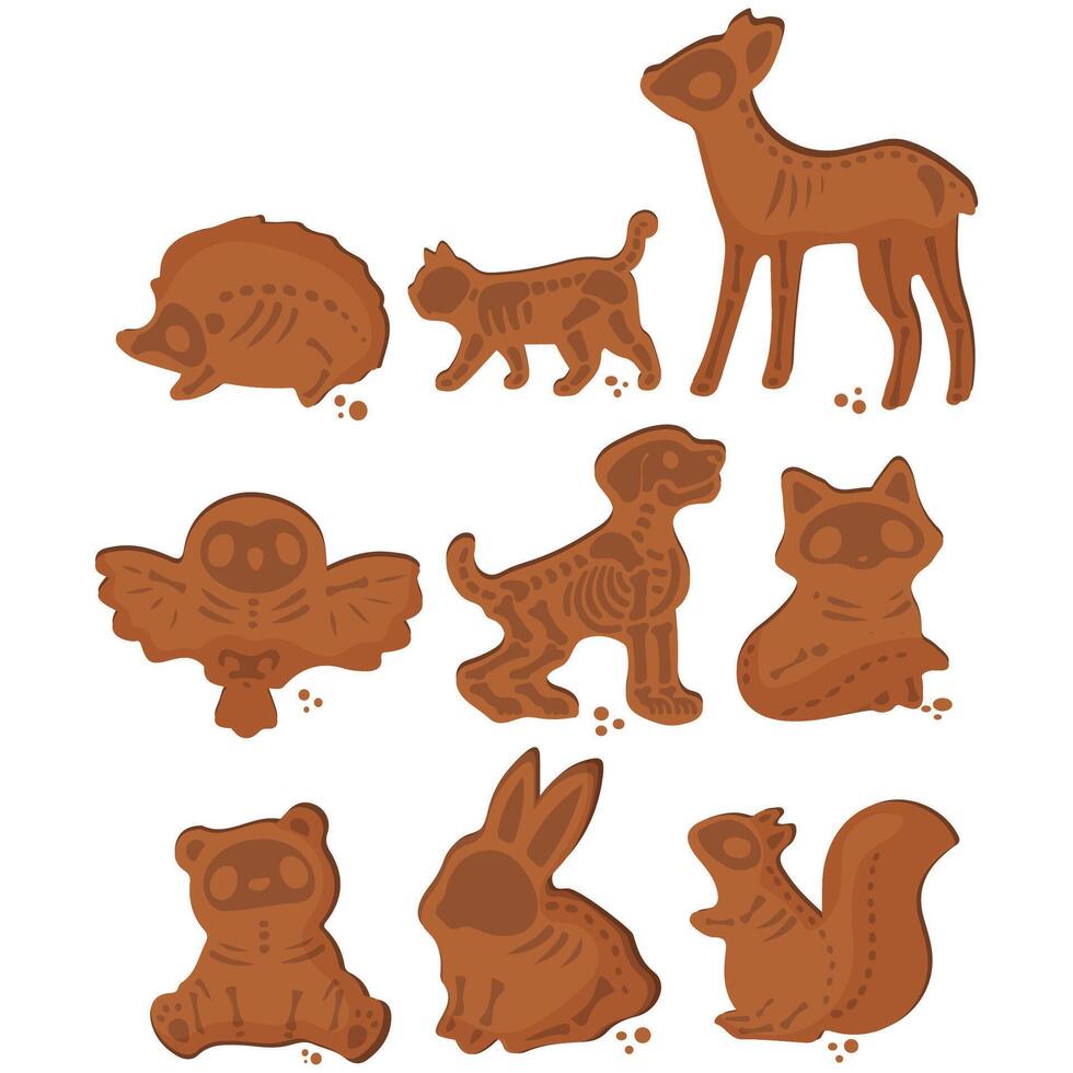 big set of gingerbread cookies for Halloween with skeleton design of domestic and wild animals and round crumbs vector