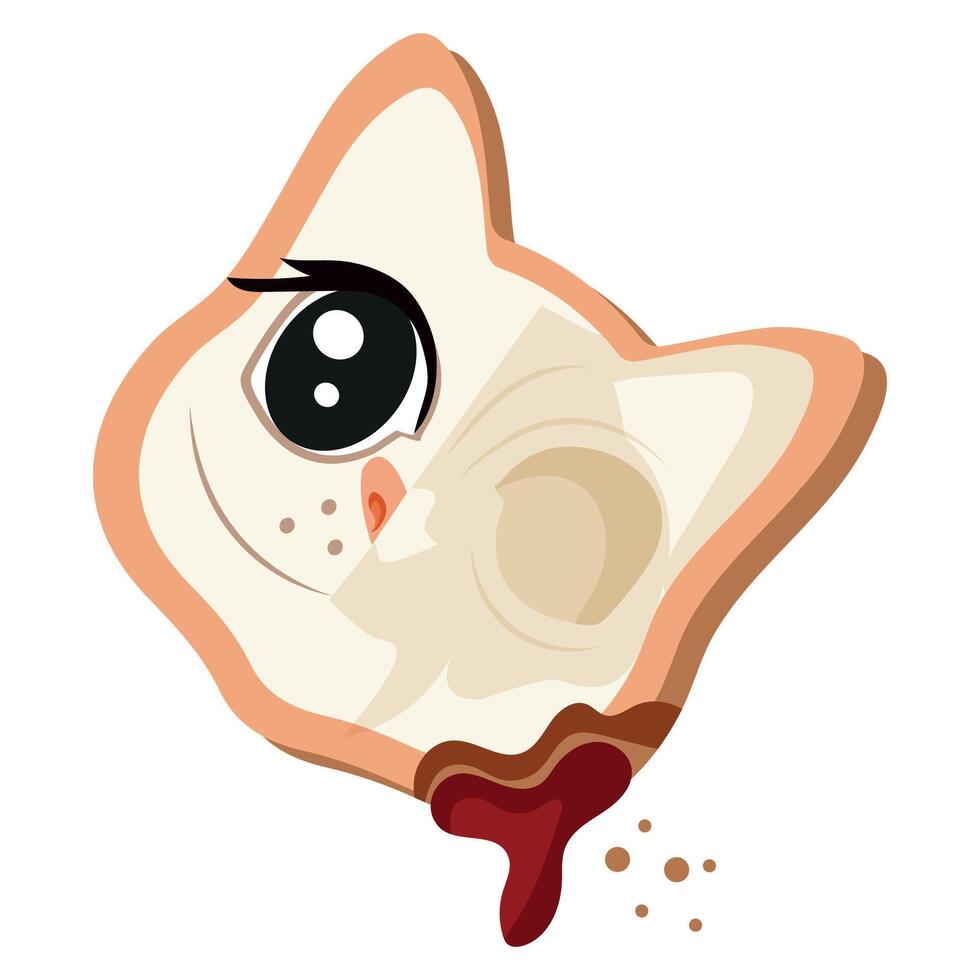 Halloween gingerbread cookies with sugar frosting and a cat design with half of the head made into a skeleton with red syrup in the middle vector