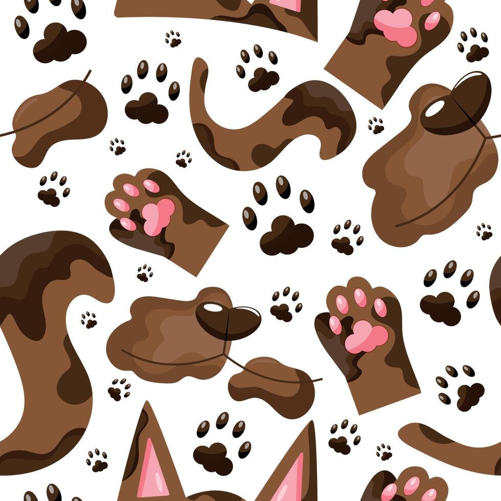 seamless pattern with parts of a brown cat namely ears, tail, paws and face, cat day icons, for various designs, patterns or packaging vector