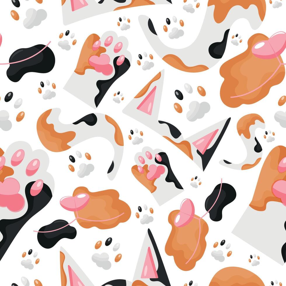 seamless pattern with parts of spotted cat namely ears, tail, paws and face, cat day icons, for various designs, patterns or packaging vector