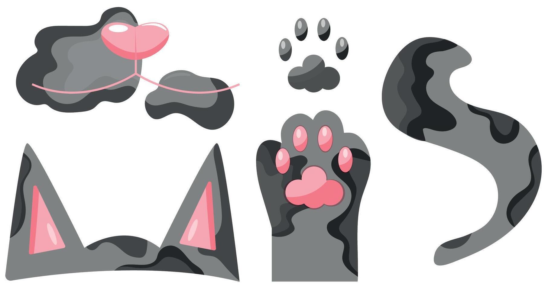 icons with parts of a gray cat, namely ears, tail, paws and face, icons for cat day, for various designs, patterns or packaging vector