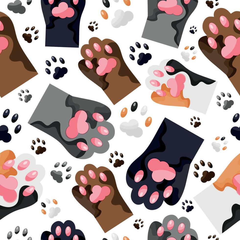 seamless pattern with cats' paws, namely with the paws of a gray, black, spotted and brown cat, for cat day, for various designs, posters or banners vector