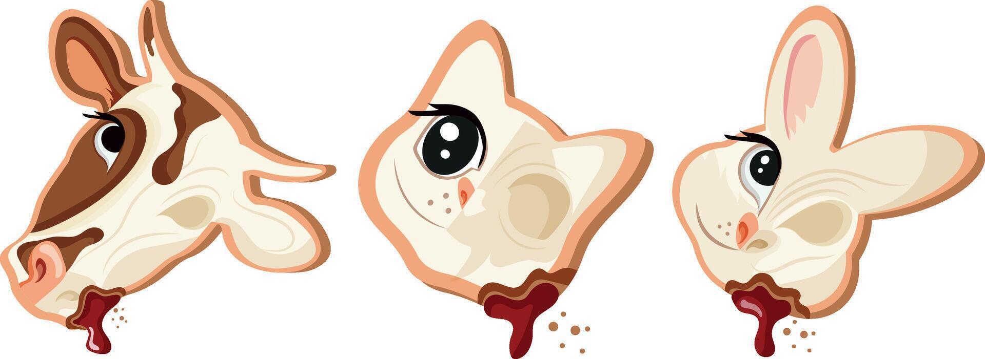 set of halloween gingerbread cookies with sugar frosting and rabbit cat and cow design with half of the head made as a skeleton with red syrup in the middle vector