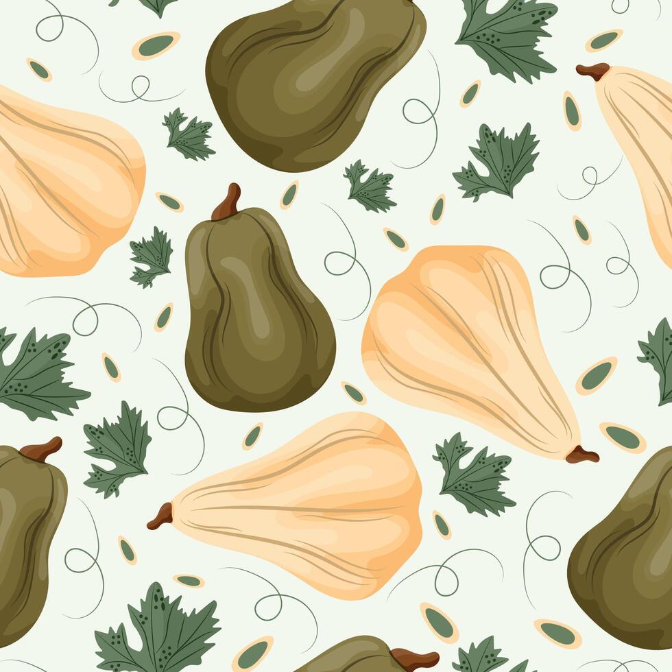 seamless autumn pattern with two types of long-shaped pumpkins in green and white colors with pumpkin seeds and leaves on a light background vector