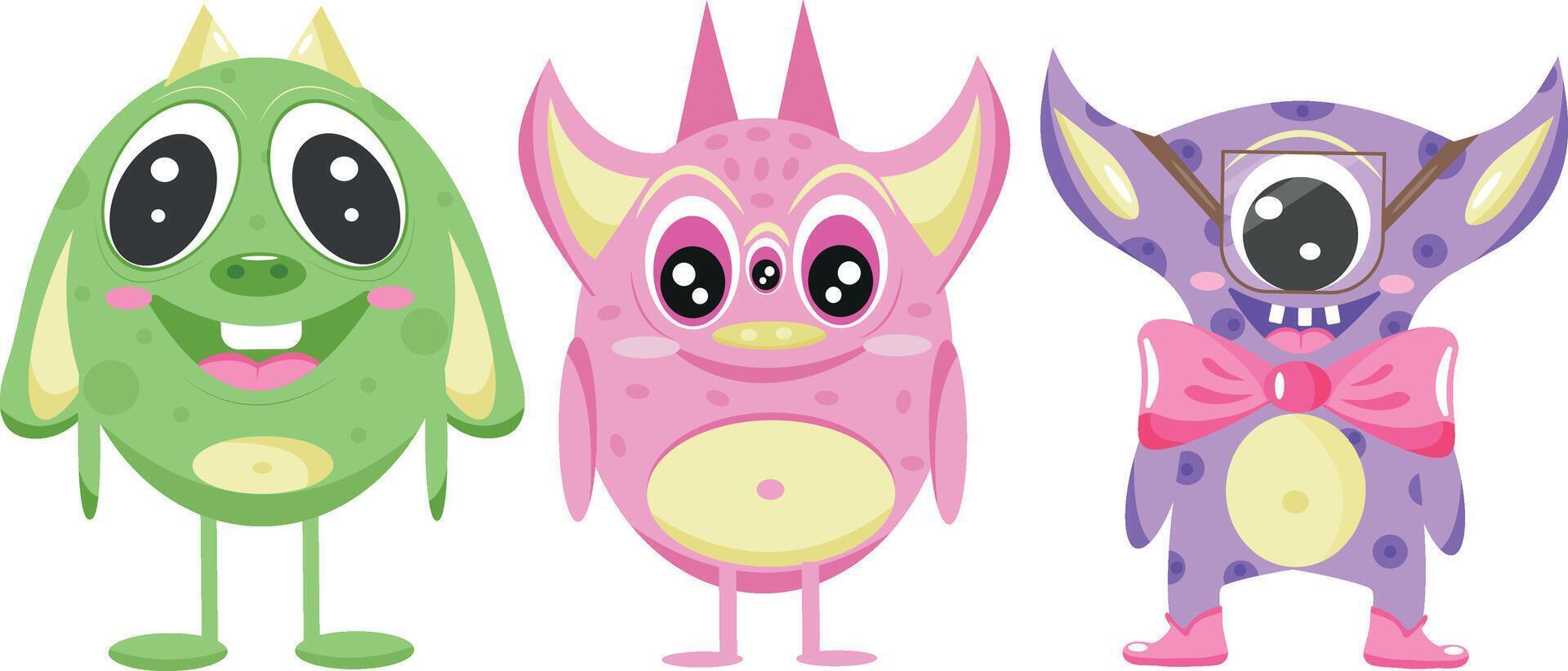 set of different, colorful, fictional characters with different numbers of eyes and different elements, for posters, banners or children's textiles vector