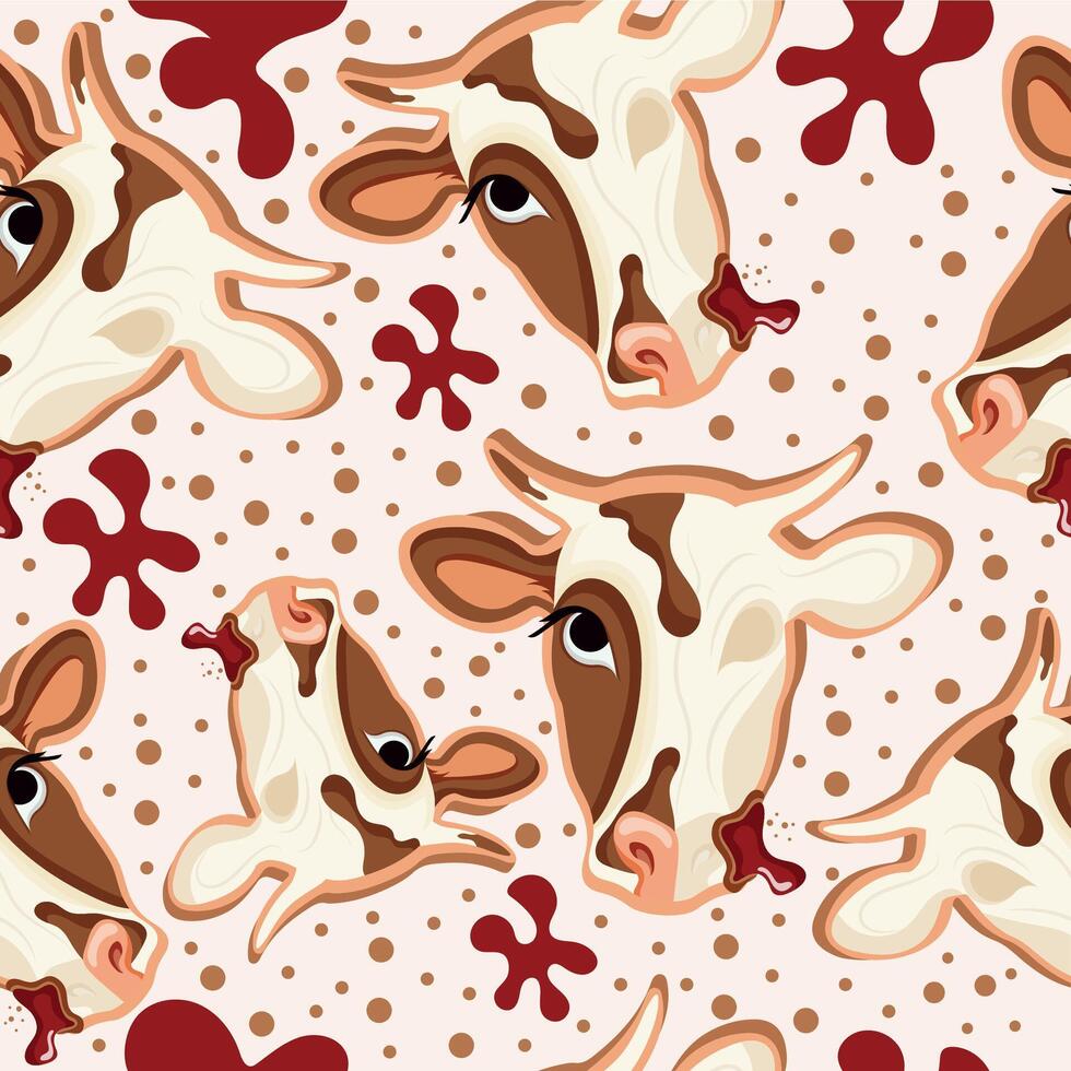 seamless pattern with gingerbread cookies for Halloween with sugar frosting and cow design, where half of the head is made as a skeleton with red syrup in the middle vector