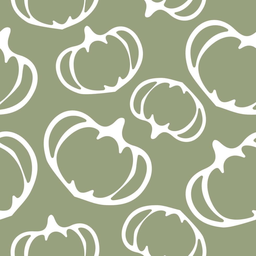 seamless autumn pattern with round pumpkins drawn with a white outline placed chaotically on a pastel green background vector