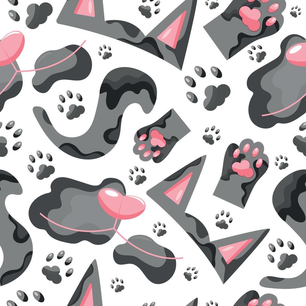 seamless pattern with parts of a gray cat namely ears, tail, paws and face, cat day icons, for various designs, patterns or packaging vector
