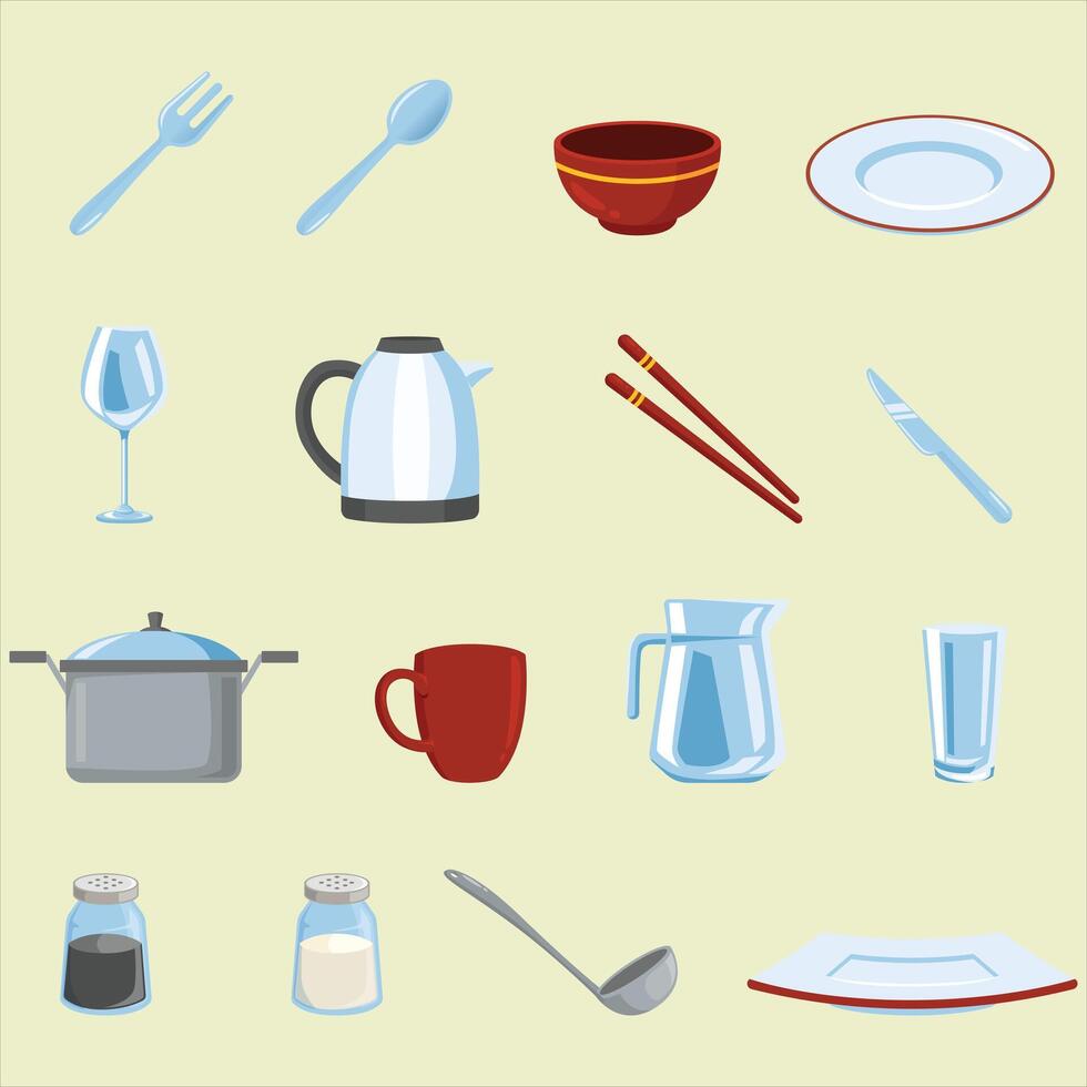 Contains kitchenware like a fork, spoon, and bowl. Ideal for food bloggers, cooking websites, and restaurant menus needing kitchen utensils. vector