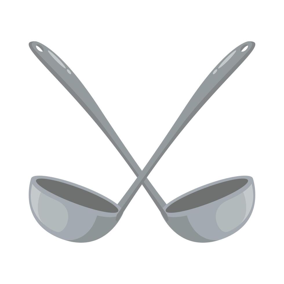 Two grey ladles intertwined, perfect for cooking blogs, recipe books, kitchen design, and foodrelated projects requiring a kitchen utensil image. vector