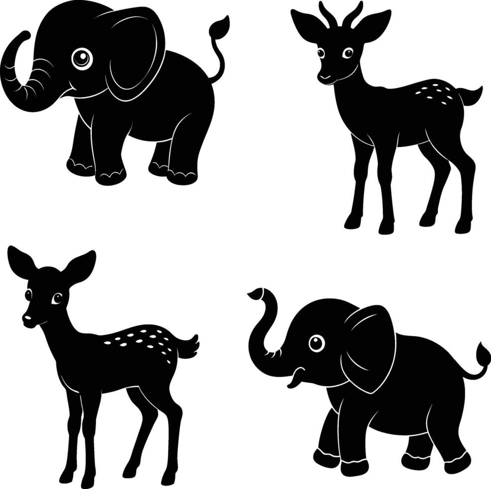A set of cute baby Elephant and Elk silhouette illustration. vector