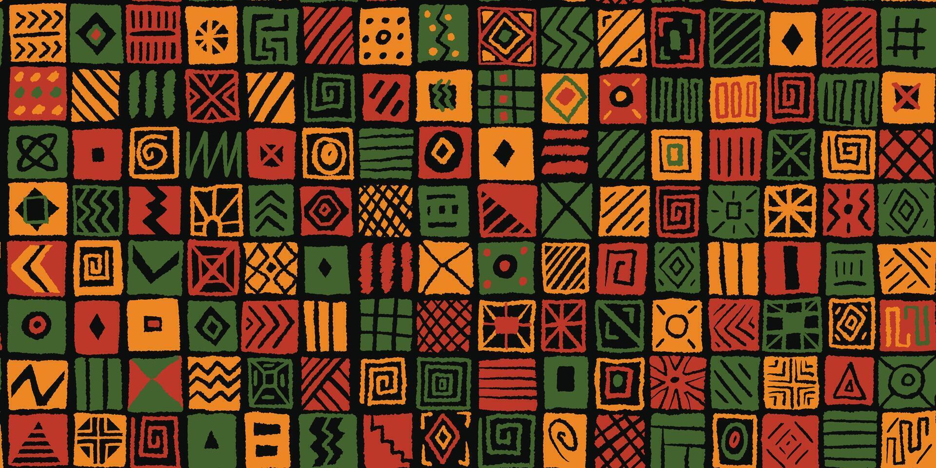 Africa inspired ethnic tribal block tile pattern with simple naive hand drawn ornaments, lines, symbols. Red yellow green black limited color palette vector