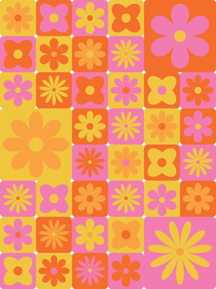 geometric flowers pattern, groovy retro abstract bauhaus wallpaper vector