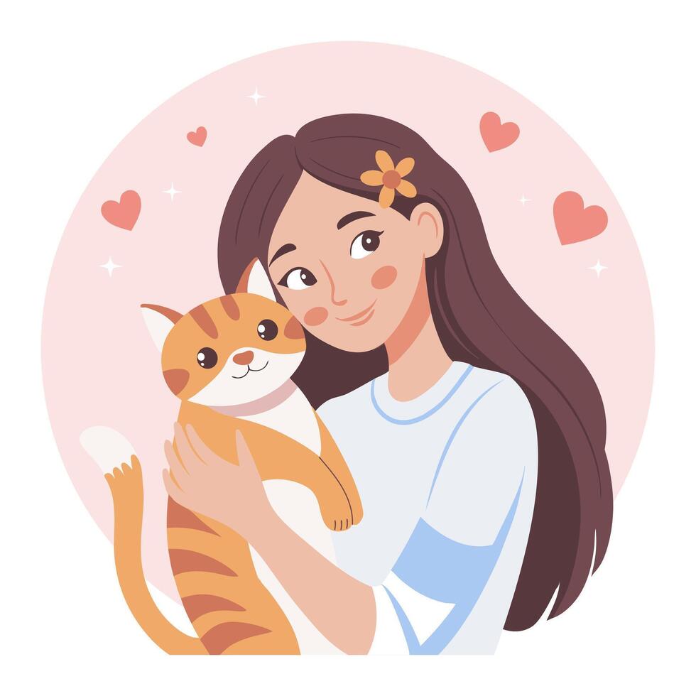 Cute happy young girl hugging cat. Pet owner. Cat lover. Flat style illustration. vector