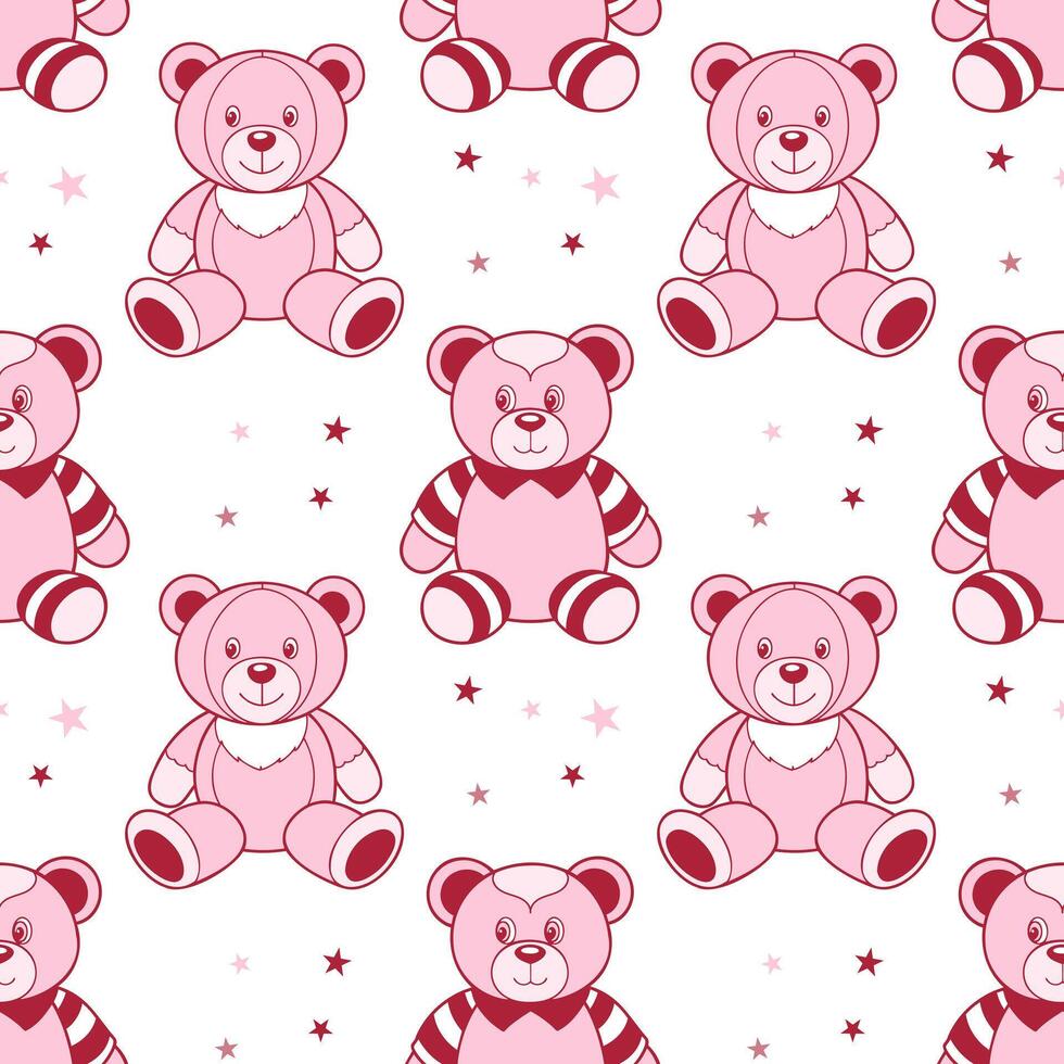 Seamless pattern of cute teddy bears and stars. Pink plush toys print. Children's background. vector