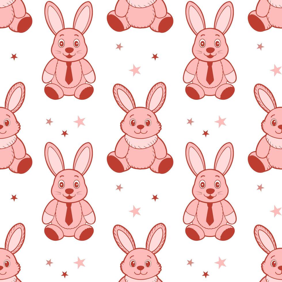 Seamless pattern of cute plush bunnies and stars. Pink plush toys print. Children's background. vector