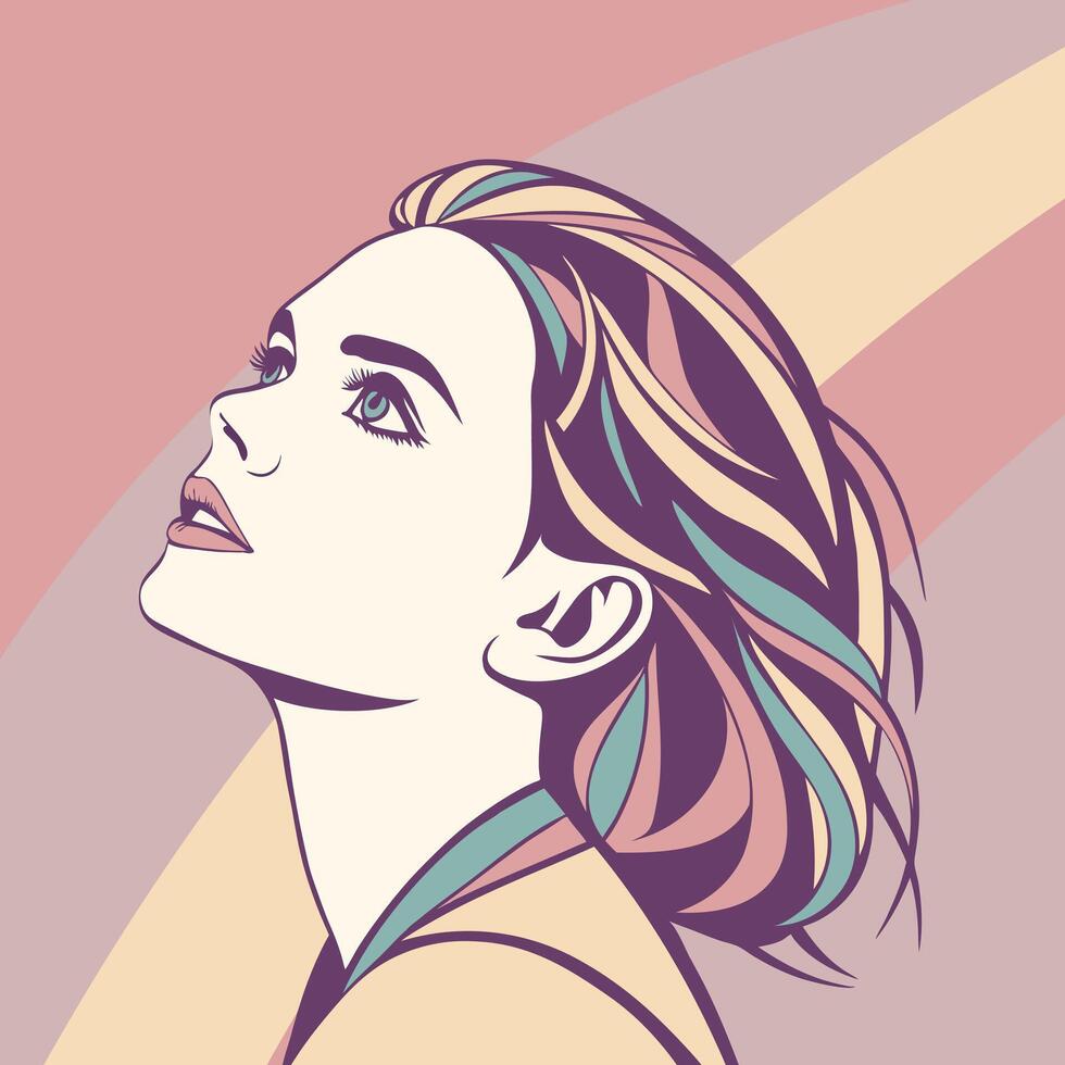 Portrait of a beautiful woman. Elegant female profile in pastel colors. Flat illustration in retro style. vector
