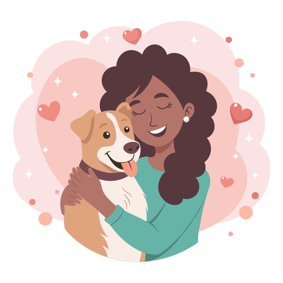 Cute happy young woman hugging dog. Pet owner. Dog lover. Flat style illustration. vector