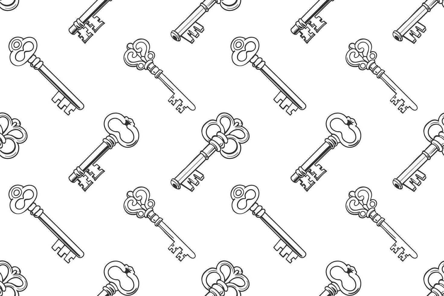 Seamless pattern with vintage keys. Retro background, black and white illustration. vector