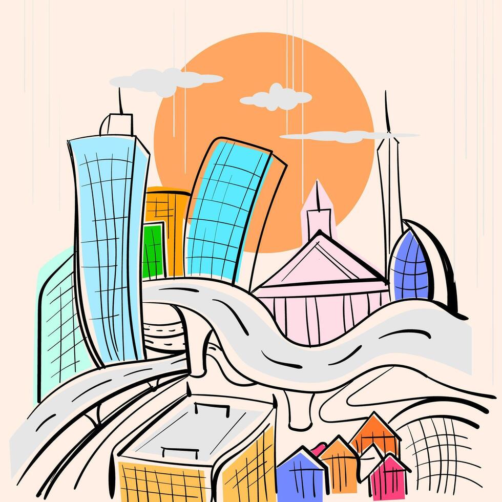 Cityscape , hand drawn sketch style, urban landscape background vector