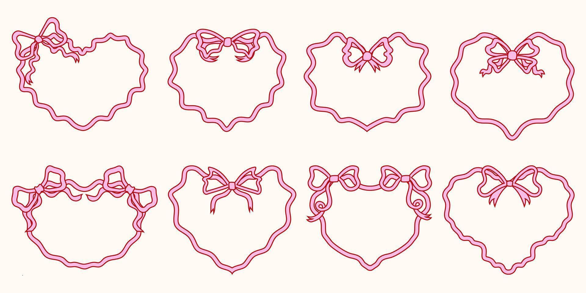 Set Of Cute and Elegant Heart-Shaped Ribbon Frames with Bows. Hand-Drawn Romantic Ribbon Frames. Perfect for Invitations and Greeting Cards. vector