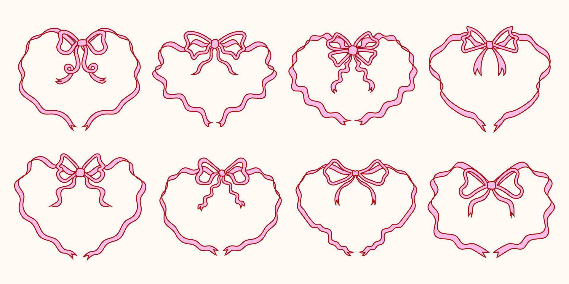 Set Of Cute and Elegant Heart-Shaped Ribbon Frames with Bows. Hand-Drawn Romantic Ribbon Frames. Perfect for Invitations and Greeting Cards. Vintage Coquette Borders. vector