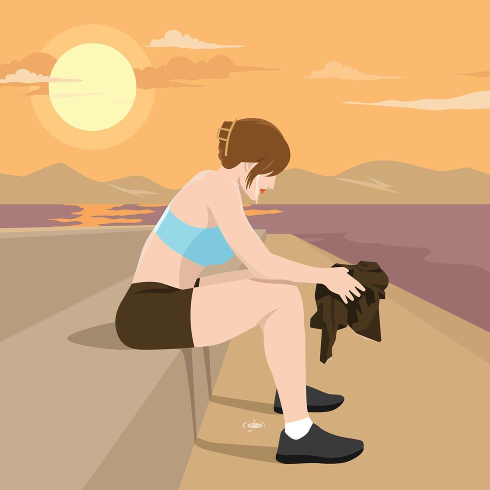 Tired sad woman sits on a concrete ledge, gazing downward, holding a jacket on the sunset. vector