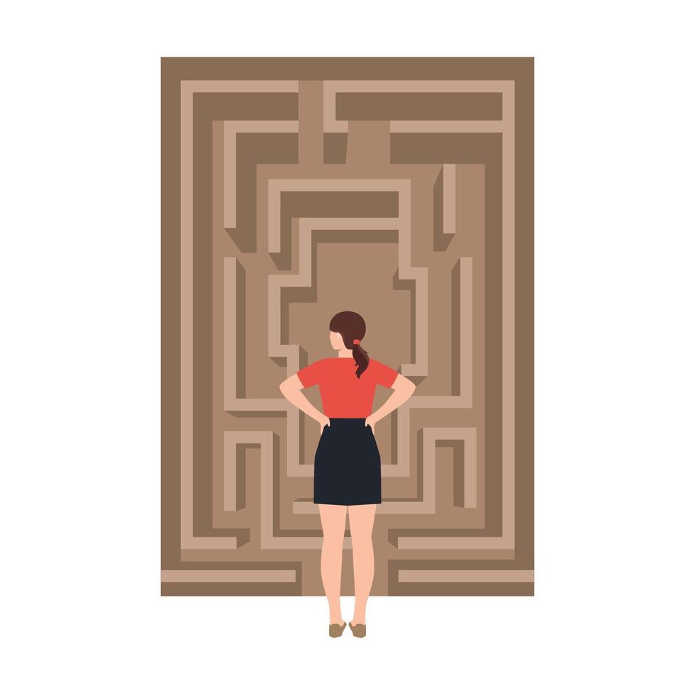 Facing the Maze of Challenges. Woman stands in front of a large labyrinth, contemplating her path. vector