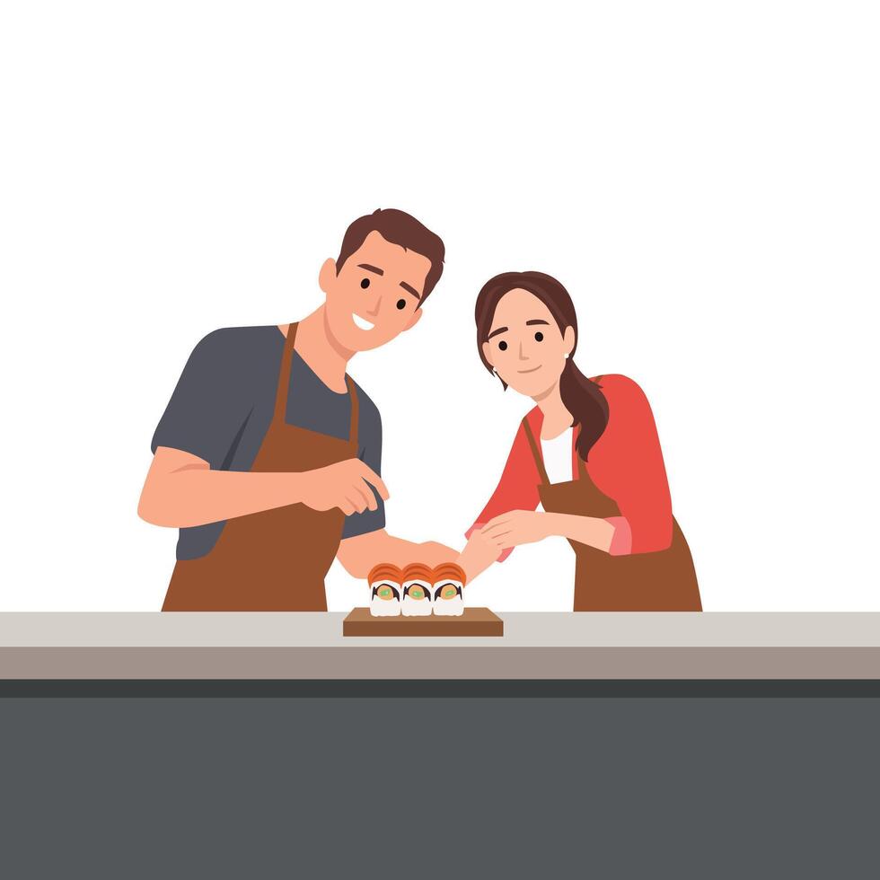 Couple Making Sushi Together. Happy couple wearing aprons enjoys preparing sushi together. vector