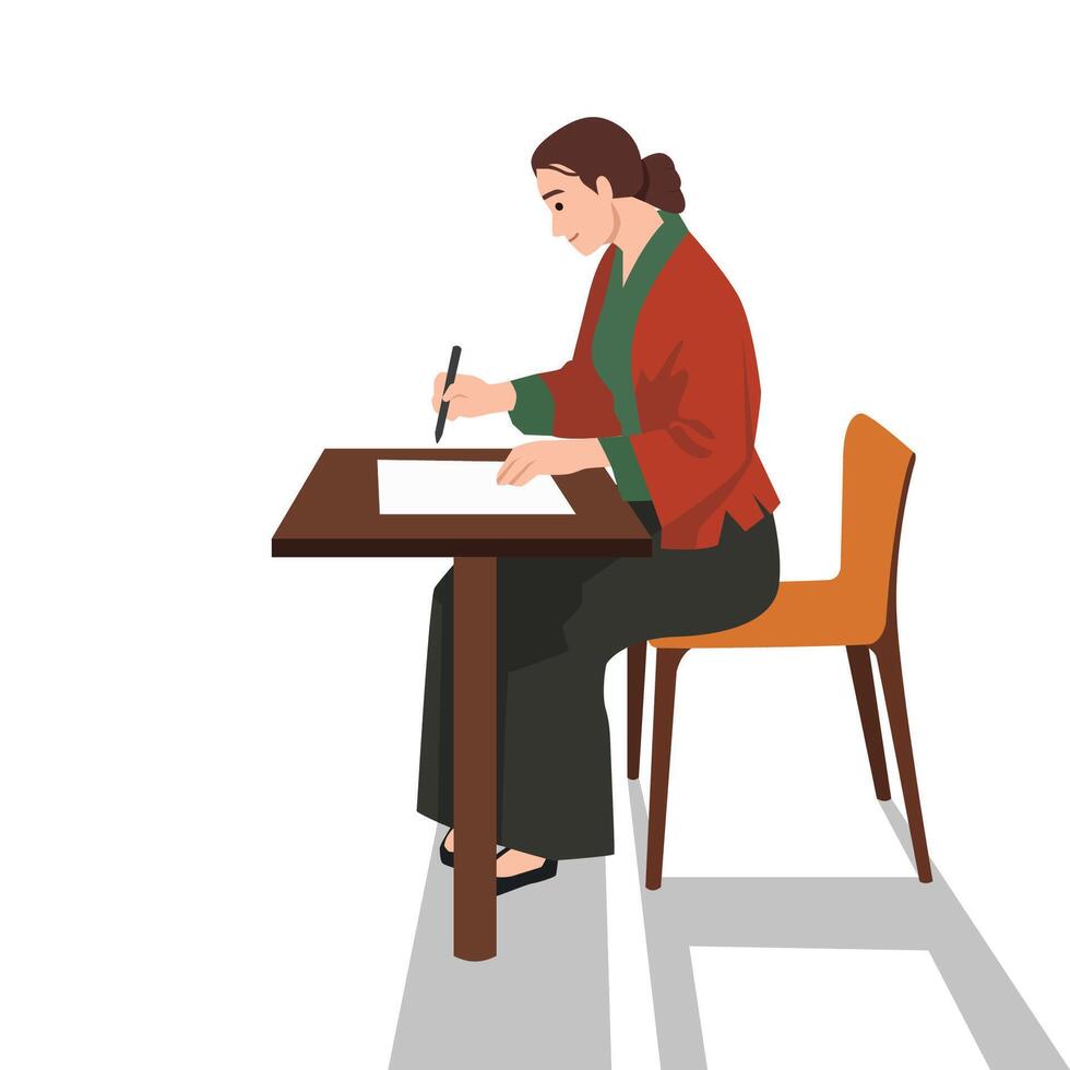 Woman sits at a wooden table, deeply engaged in writing on a piece of paper. vector