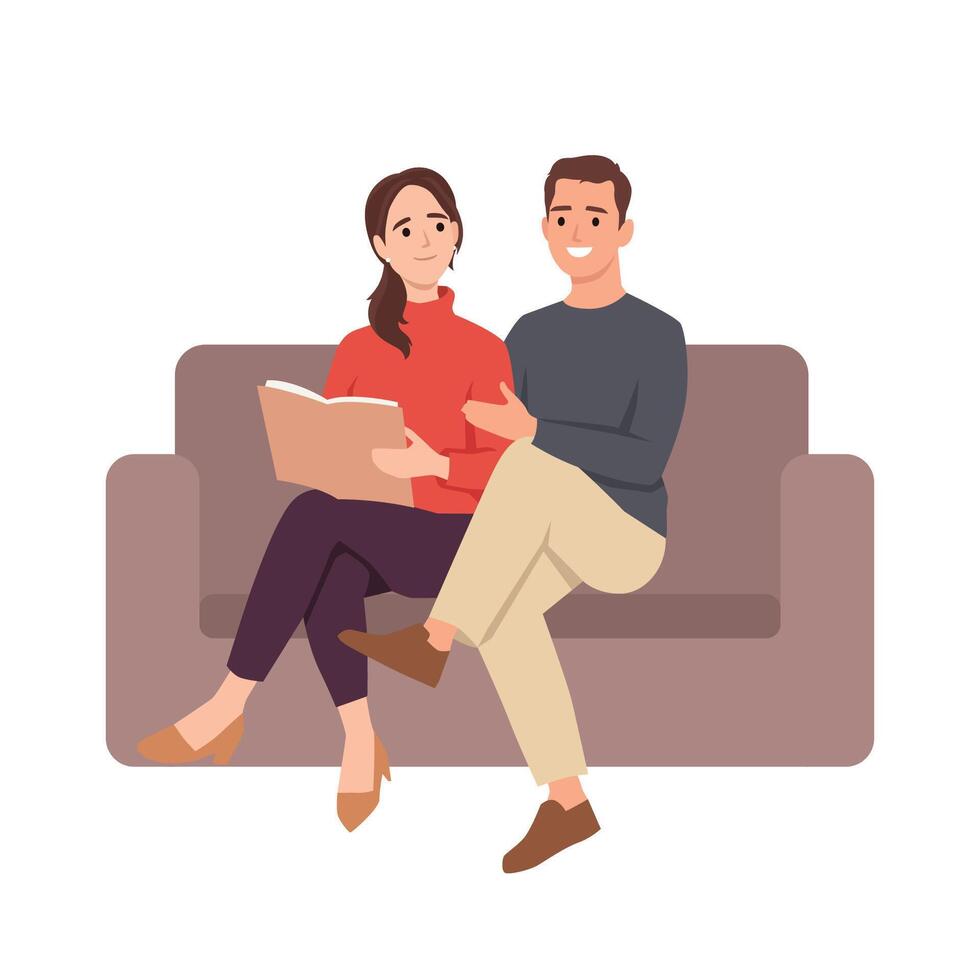 Happy couple sits on a couch, enjoying a book together while engaging in a warm conversation. vector