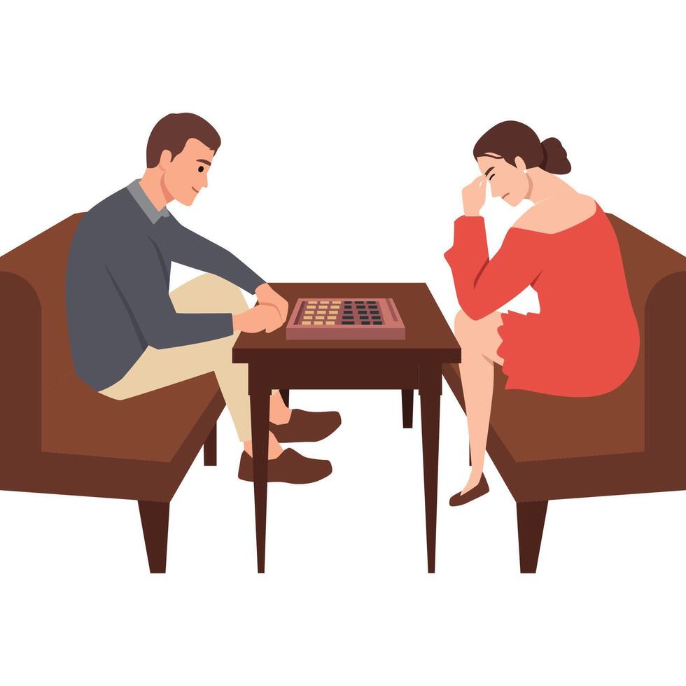 Couple engage in a strategic board game, woman deep in thought, the man focused on his next move. vector
