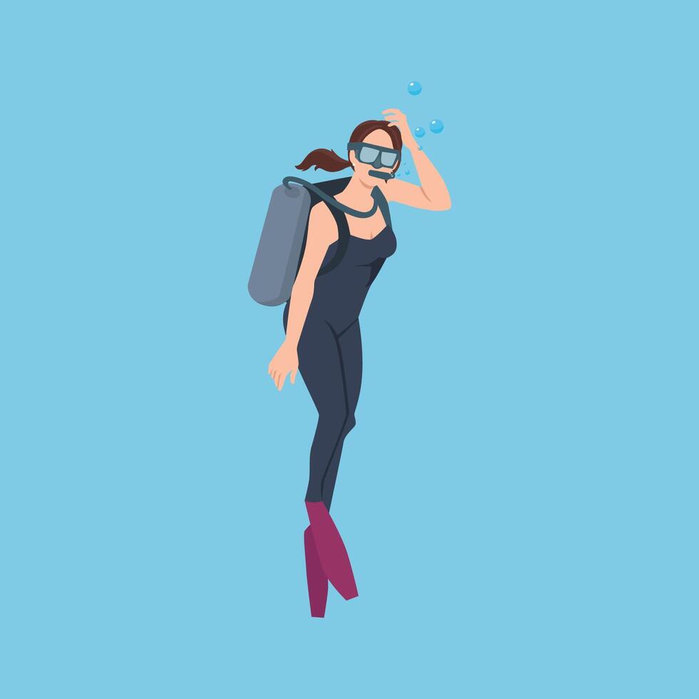 Woman in full scuba diving gear explores the underwater world, surrounded by bubbles. vector