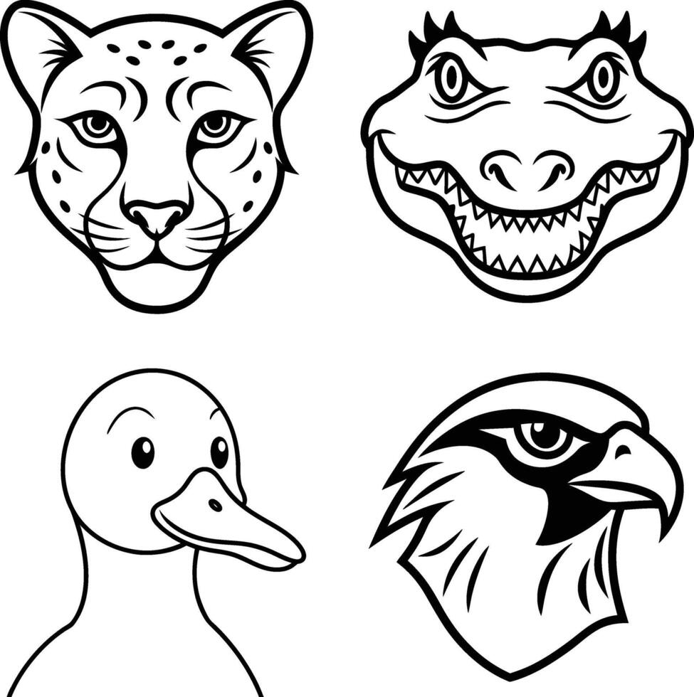 Animal Head Illustrations Set Cheetah, Alligator, Duck, and Hawk Art vector