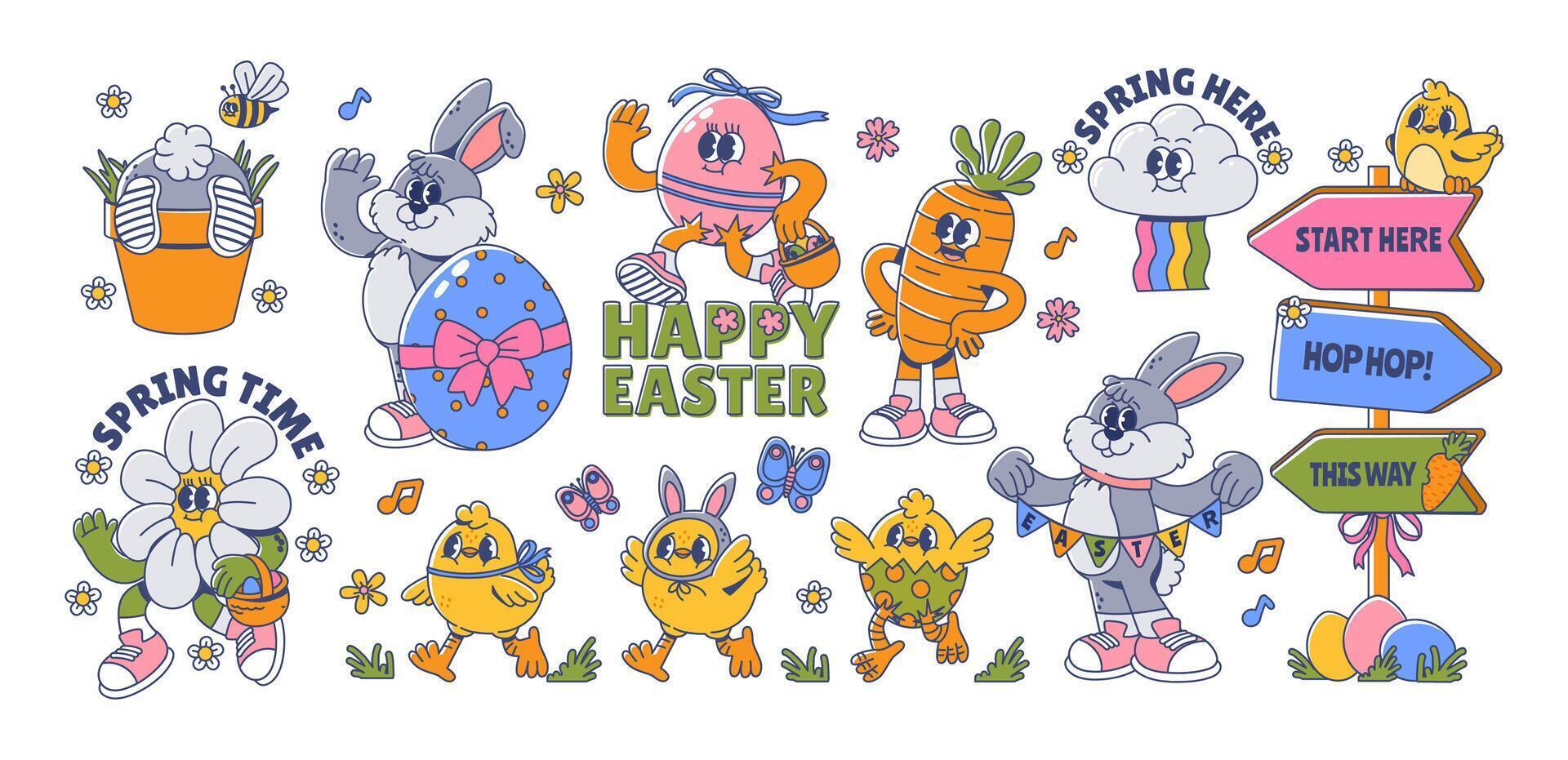 Happy Easter characters. Cartoon bunny, eggs and chicks. Cute rabbit, carrot, flowers, chicken, decorative holiday pointer, paint Easter egg. Funny kids animals. set vector