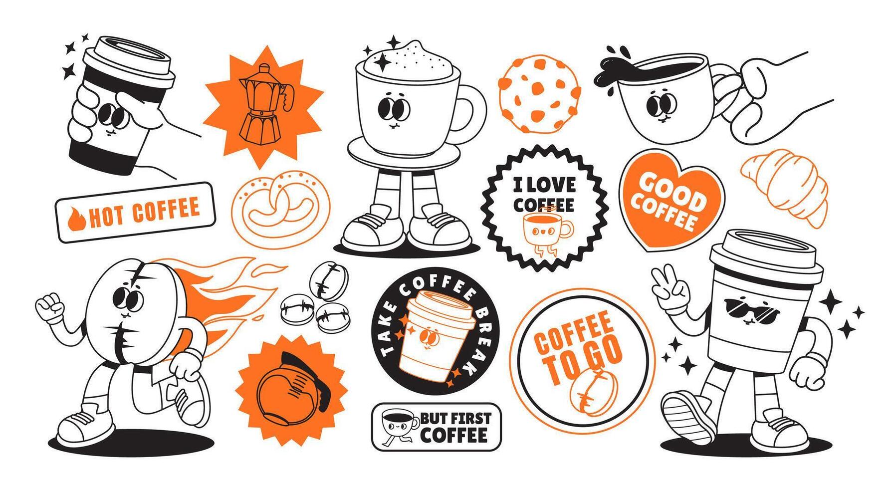 Coffee stickers. Groovy drink character. Funky patches with bean, coffee cup to go, cappuccino, espresso, text phrases for coffee shop. Comic cafe menu label. set vector