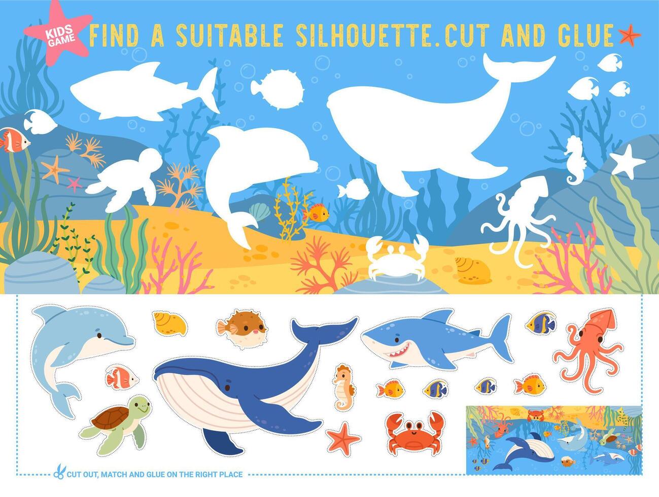 Marine animals puzzle. Kids game find underwater silhouette. Paper cut out, match and glue ocean elements. Educational game with whale, octopus, dolphin. Print vector