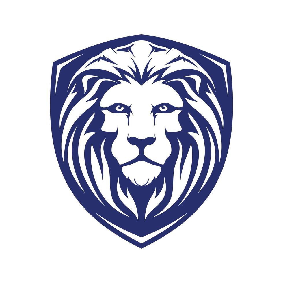 Serious lion head facing front with sharp eyeballs illustrator logo design vector
