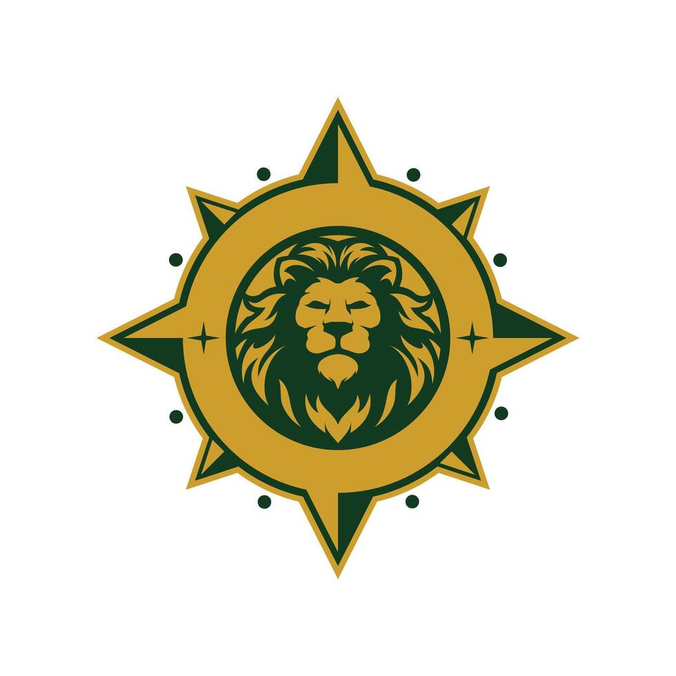 Lion head facing forward inside a gold and green compass circle illustrator logo design vector