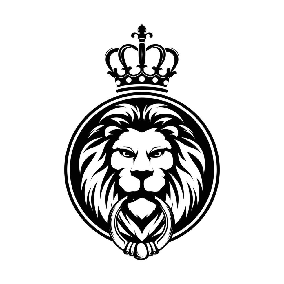 Lion head facing forward with crown biting door key icon inside circle illustration logo design vector
