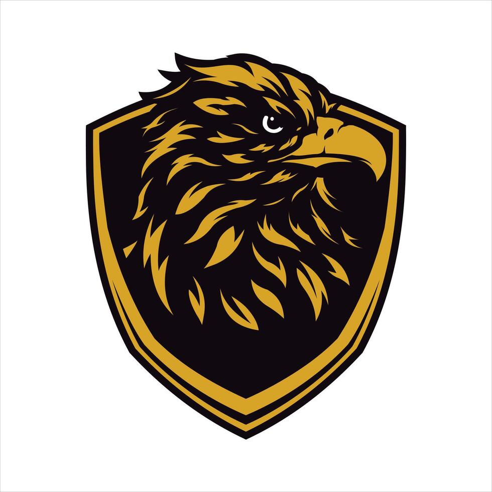 Beautiful golden feathered eagle head inside security shield illustration logo design vector