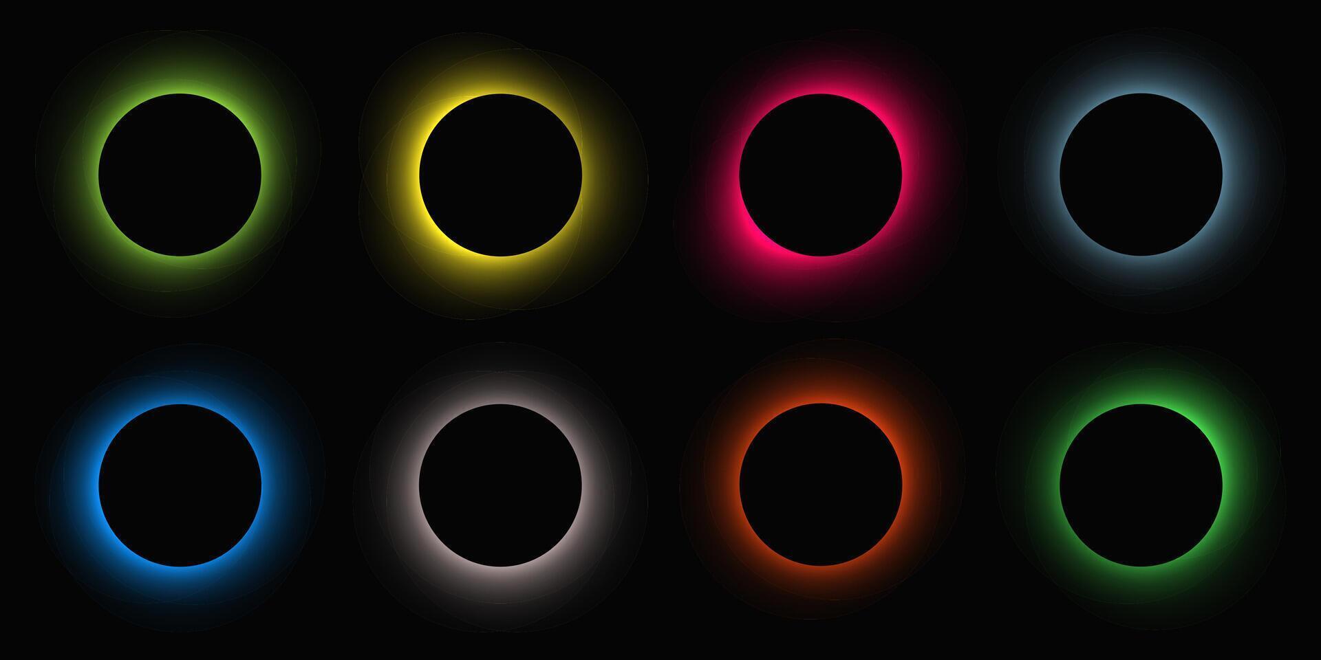 Circle illuminate frame with gradient. Set of eight round neon banners isolated on black background. illustration vector